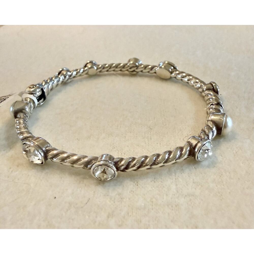 Brighton MONTE CARLO Clear Crystal-White Faux Pearl OVAL Hinged BANGLE Bracelet